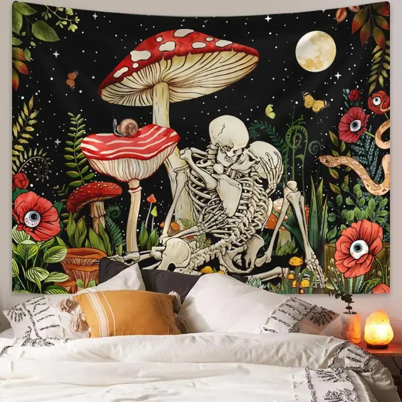 Mushroom & Bone Printed Tapestry, 1 Piece Fantasy Flower Plant Aesthetics Tapestry, Home Decoration Pendant, Halloween