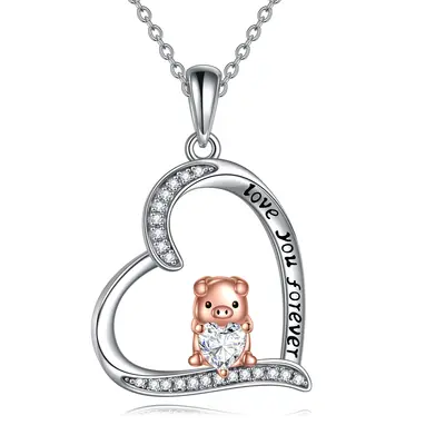 Sterling Silver Two-tone Pig & Heart Engraved Necklace for Women