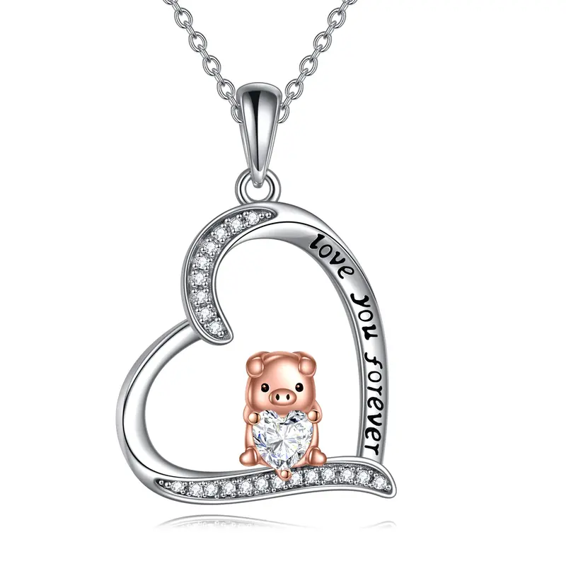 Sterling Silver Two-tone Pig & Heart Engraved Necklace for Women