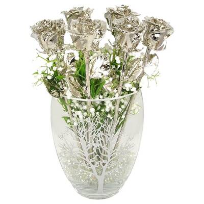 Six 17 Platinum Roses in Tree of Life Vase: 20th Anniversary Gift