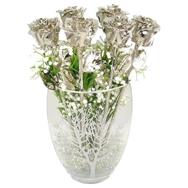 Six 17 Platinum Roses in Tree of Life Vase: 20th Anniversary Gift