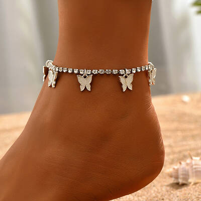 Fashionable Casual Rhinestone Butterfly Charm Anklets for Women