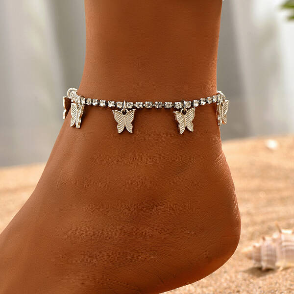 Fashionable Casual Rhinestone Butterfly Charm Anklets for Women