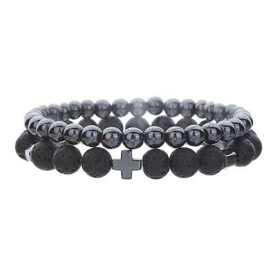 Round Natural Lave Rock & Synthetic Non-magnetic Hematite Beaded Stretch Bracelet Sets
