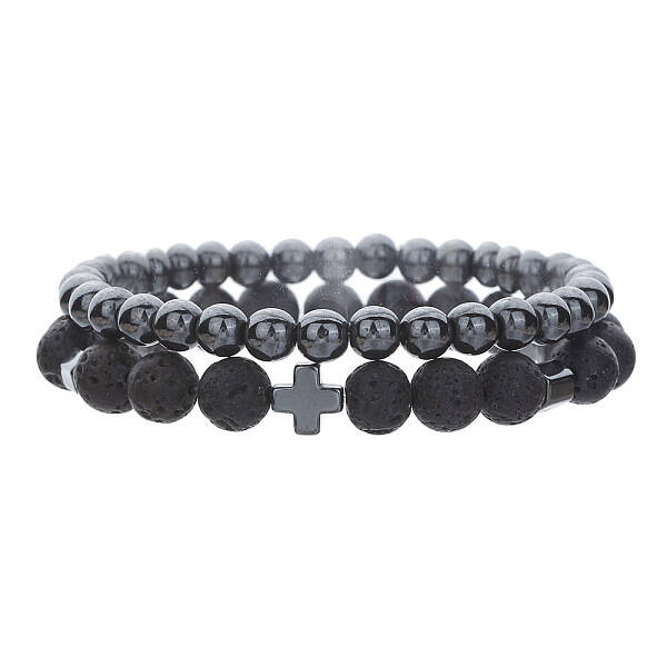Round Natural Lave Rock & Synthetic Non-magnetic Hematite Beaded Stretch Bracelet Sets