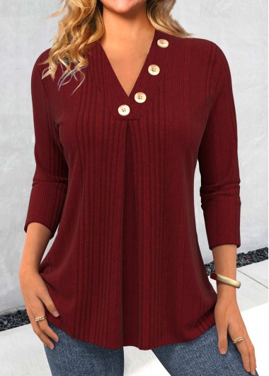 Modlily Wine Red Button Long Sleeve V Neck T Shirt - L