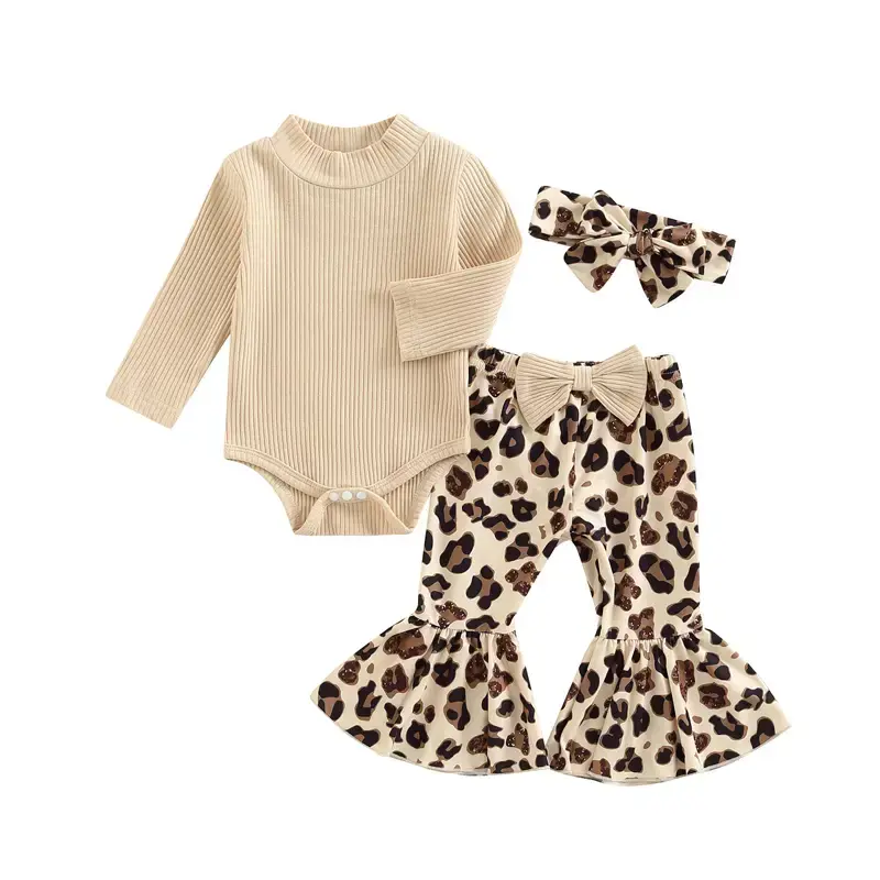 Baby Girls Pants Set, 0-18 Months Long Sleeve Romper + Leopard Print Bowknot Flare Pants + Headband Clothing