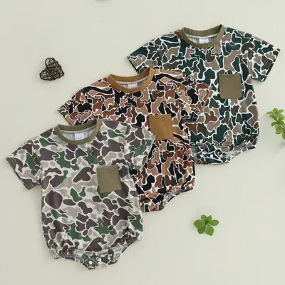 Newborn Baby Boy Girl Summer Romper Short Sleeve Camo Shirt Cute Bubble Bodysuit Camouflage Jumpsuit Infant Clothes