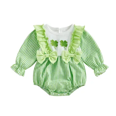 St Patricks Day Baby Girl Outfit Infant Long Sleeve Smocked Bubble Romper Newborn Plaid Bodysuit Cute Toddler Girl Summer Clo...