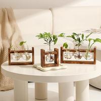 Wooden Plant Holder without Plant, 1 Count Creative Glass Vase with Wooden Stand, Desktop Plant Holder for Home Office Deskto...