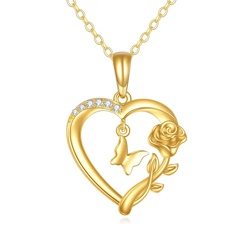 14K Gold Cubic Zirconia Butterfly & Rose & Heart Pendant Necklace