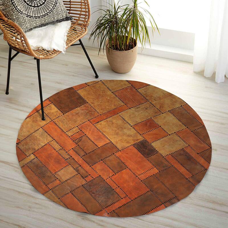 Tile Red Cowhide Patchwork Round Rug