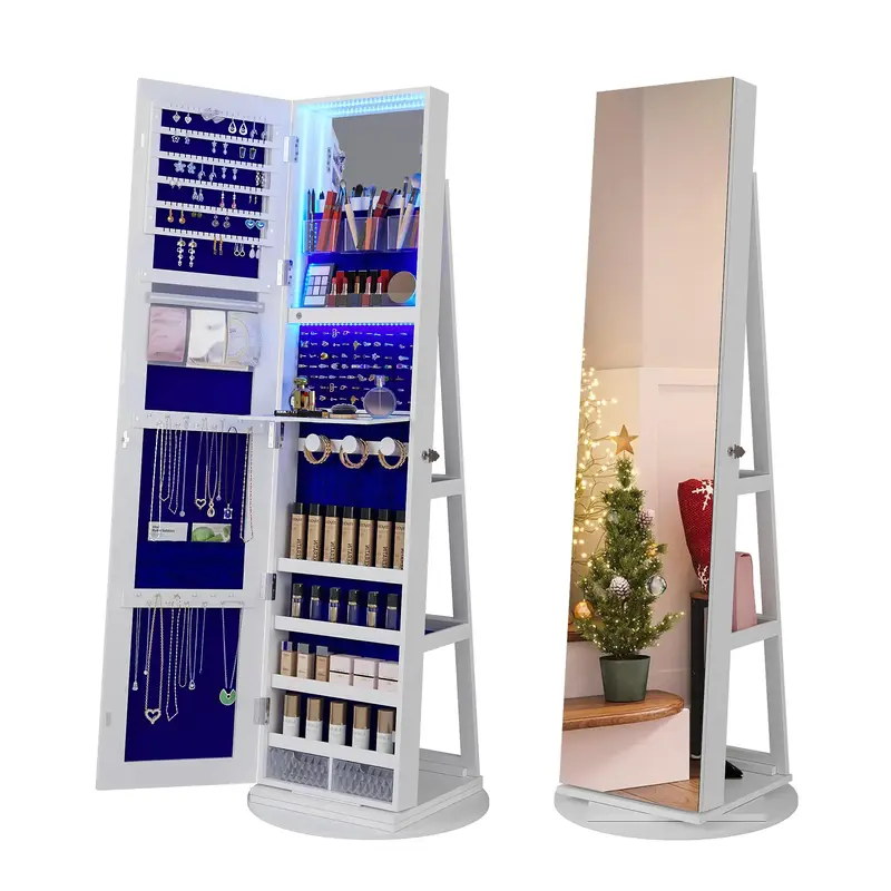 Vlerka 360° Swivel Jewelry Cabinet with Lights,Standing Jewelry Armoire Organizer, Rotatable Jewelry Mirror, Full Length Mir...