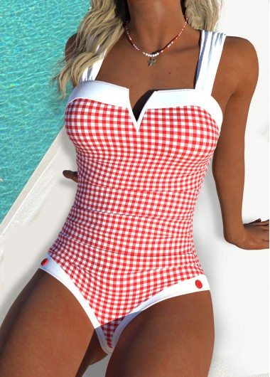 Modlily Red Plaid Bandeau One Piece Swimwear - M