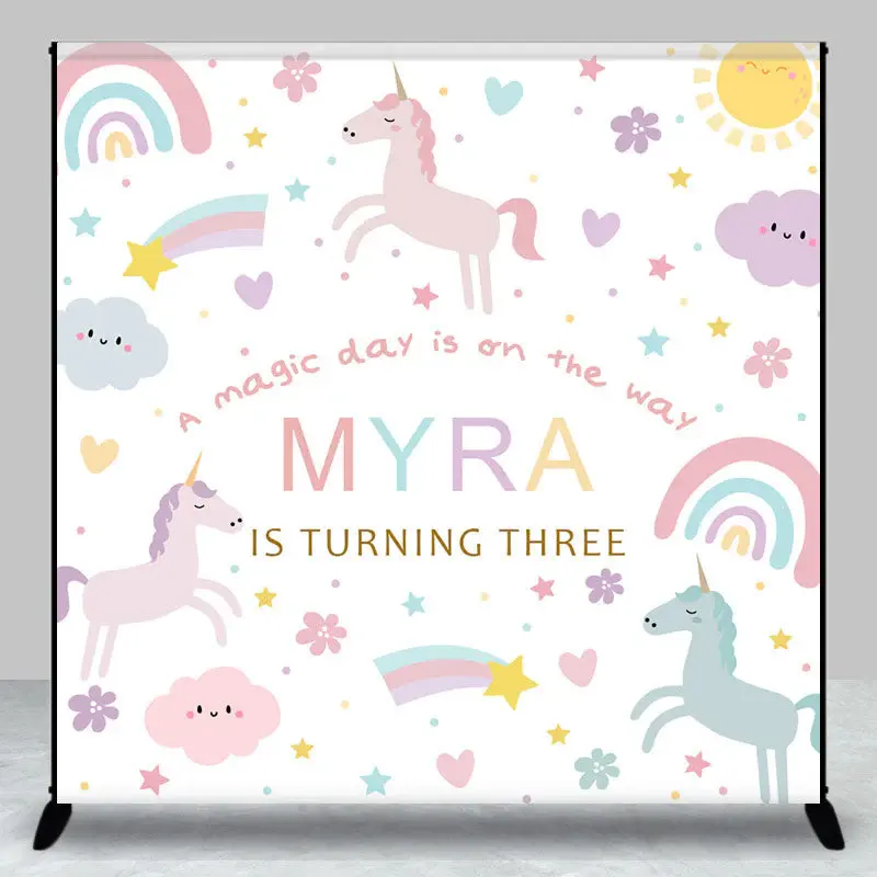 Custom Rainbow Horse Cloud 3rd Birthday Backdrop - Aperturee