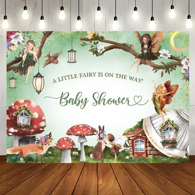 Green Fairy Mushroom House Wild Baby Shower Backdrop - Aperturee