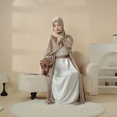 Poet Sleeve Satin Abaya Set | 4-Piece Satin Design | Shimmering Gem Details | Includes Open Abaya, Fitted Inner Dress, Hijab,...