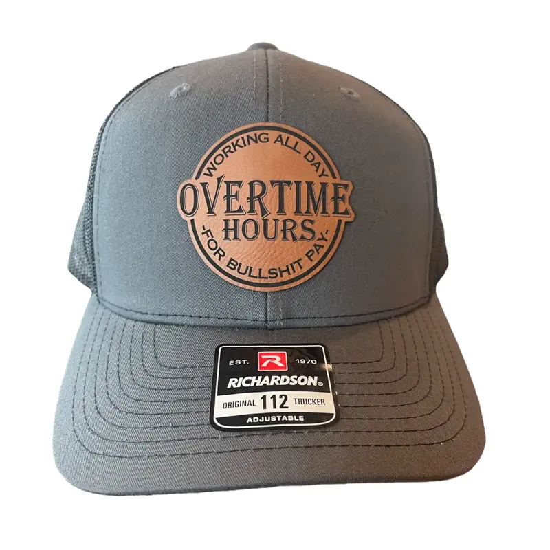 Trucker Overtime Hours Leather Patch Charcoal Front, Black Mesh Back Snapback Hat