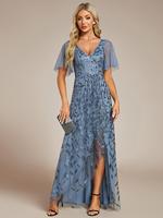 EVER PRETTY NEW Short Sleeves Sequin High Low V-Neck Midi Formal Evening Dress 02083 Womenswear Blue graduationdress graduati...