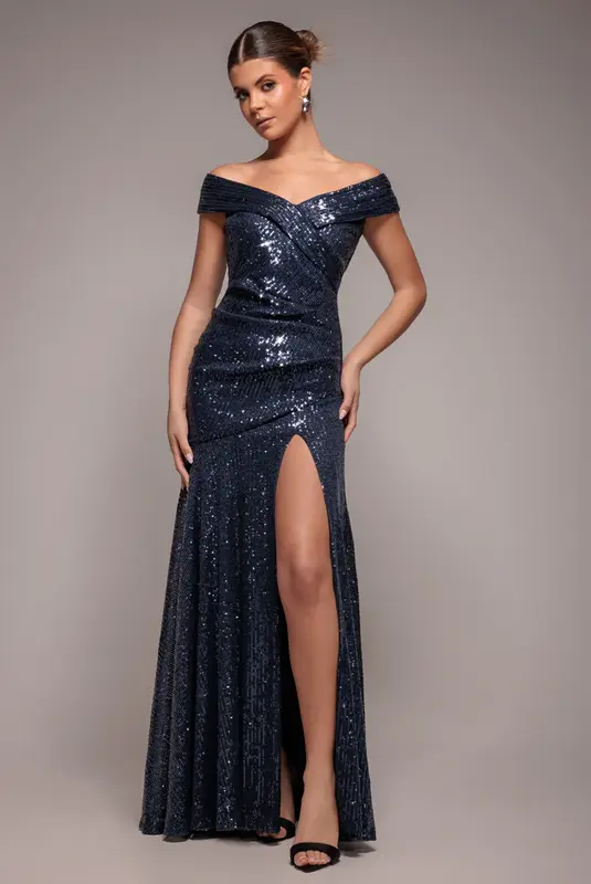 Goddiva Bardot Sequin Pleated Maxi Dress - Navy