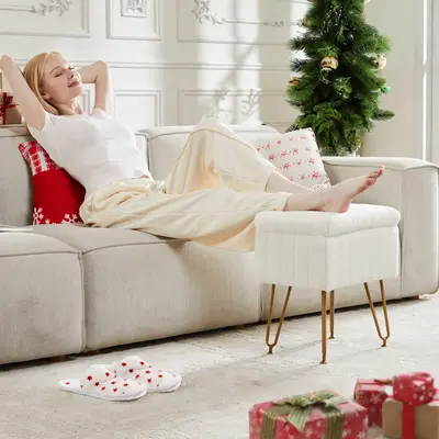 【Deal】Sweet Furniture Vanity Stool with Storage, Soft Padded Makeup Footstool Ottoman Seat with Metal Legs, Adjustable Fe...