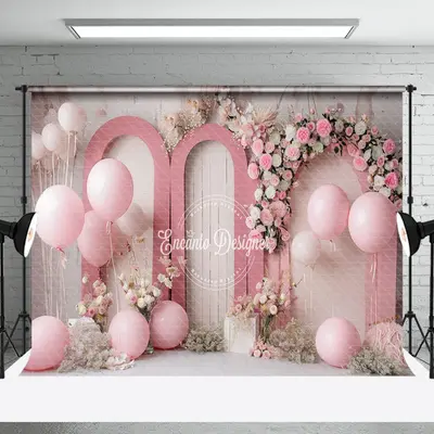 Retro Wall Pink Floral Balloons Cake Smash Backdrop - Aperturee