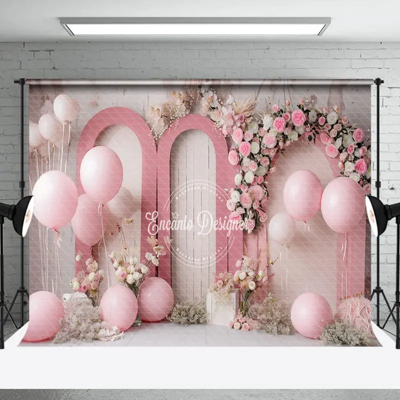 Retro Wall Pink Floral Balloons Cake Smash Backdrop - Aperturee