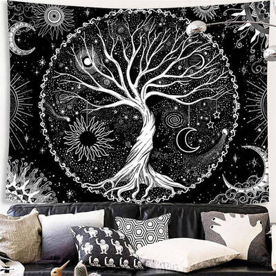 (Ship In 24HR) Tree of Life Black And White Moon Galaxy Wall Tapestry