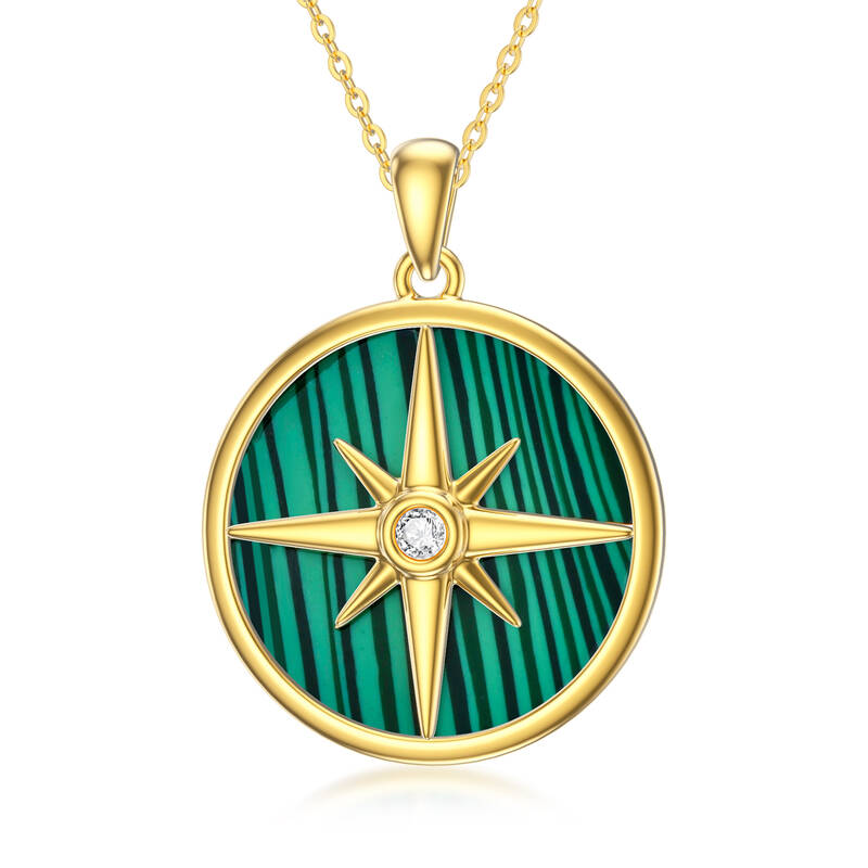 14K Gold Cubic Zirconia Malachite Compass Necklace for Women