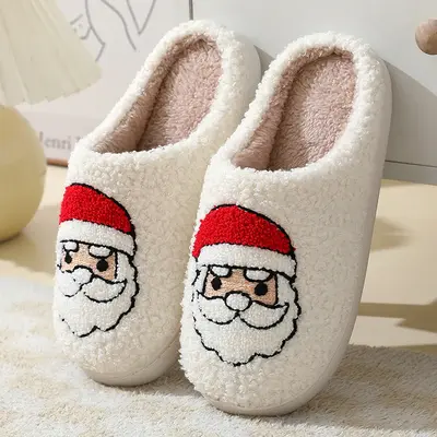 Christmas Home Slippers Cute Cartoon Santa Claus Cotton Slippers For Women And Men Couples Winter Warm Furry Shoes | Color: S...