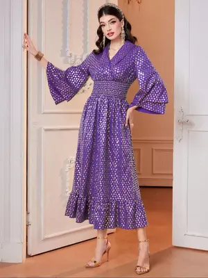 Women's Floral Jacquard Embroidery Lace Trim Dress, Elegant V Neck Bell Sleeve Long Dress for Party Holiday Wedding Guest, La...