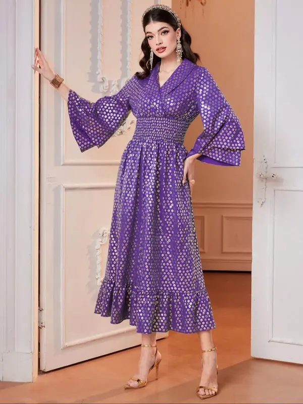 Women's Floral Jacquard Embroidery Lace Trim Dress, Elegant V Neck Bell Sleeve Long Dress for Party Holiday Wedding Guest, La...