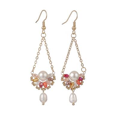 Natural Pearl & Glass Teardrop with Flower Dangle Earrings