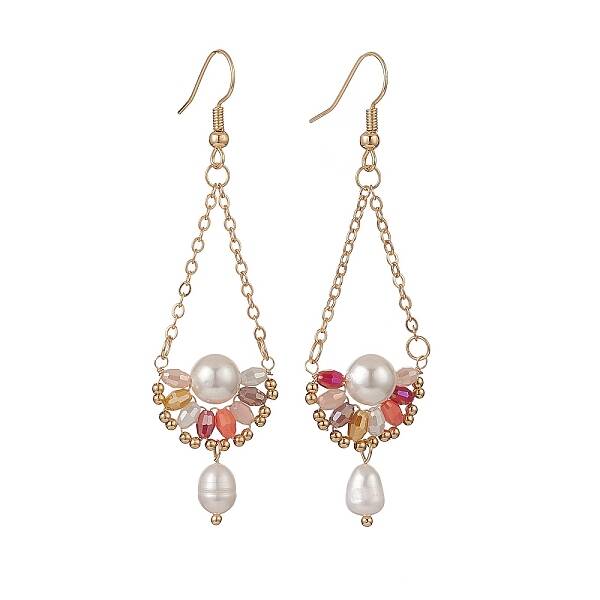 Natural Pearl & Glass Teardrop with Flower Dangle Earrings