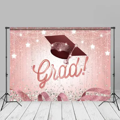Pink Silver Glitter Star Grad Cap Photo Backdrop - Aperturee