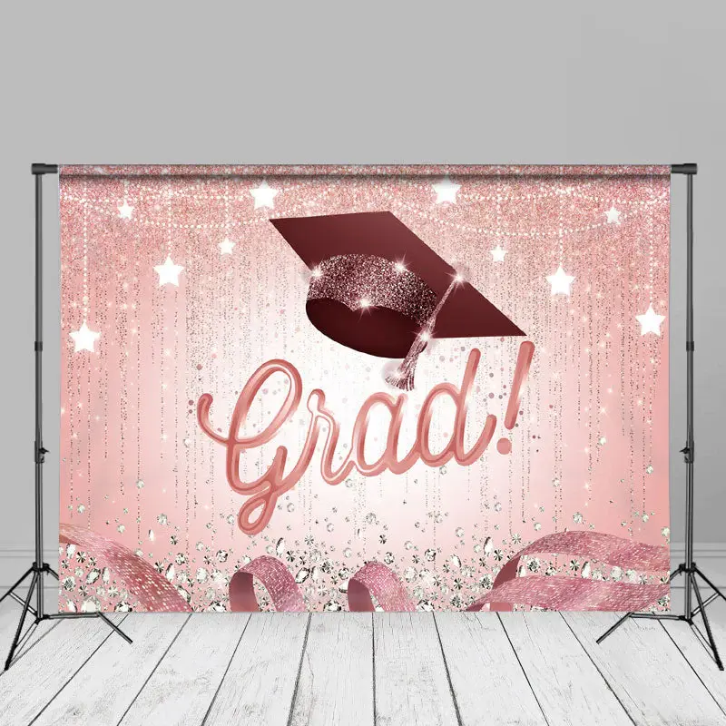Pink Silver Glitter Star Grad Cap Photo Backdrop - Aperturee