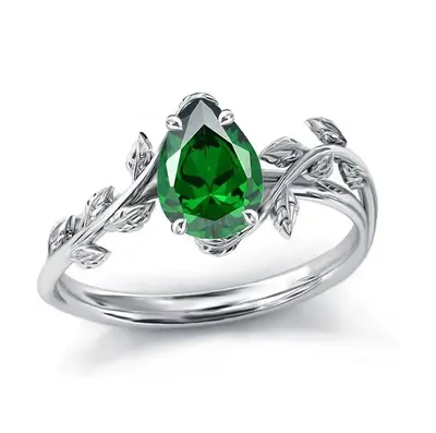 10K White Gold Pear Cut Emerald Leaves Promise Band for Her Birthday Anniversary Jewelry