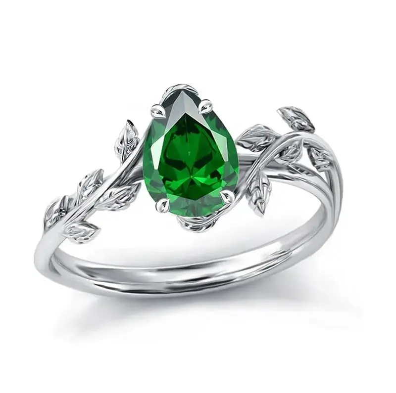 10K White Gold Pear Cut Emerald Leaves Promise Band for Her Birthday Anniversary Jewelry