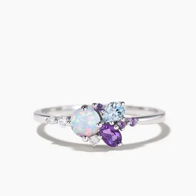 Round Cut Opal Engagement Ring Aquamarine Amethyst Mixed Cut Cluster Ring