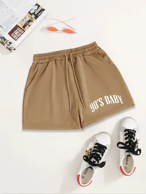 Women's Figure & Letter Print Drawstring Shorts, Summer Outfits, Casual Elastic Waist Pocket Bottoms for Summer, Fashion Wome...