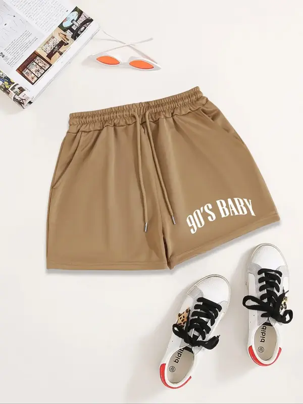 Women's Figure & Letter Print Drawstring Shorts, Summer Outfits, Casual Elastic Waist Pocket Bottoms for Summer, Fashion Wome...