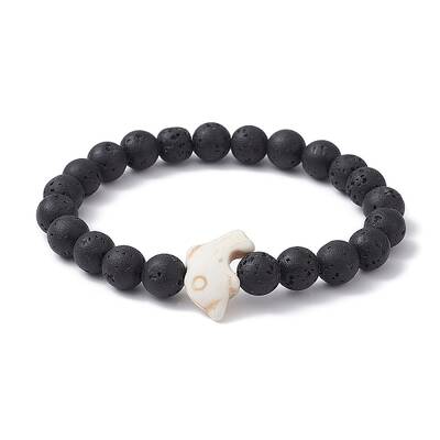 Synthetic Turquoise Dolphin & Lava Rock Beaded Stretch Bracelet