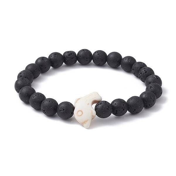 Synthetic Turquoise Dolphin & Lava Rock Beaded Stretch Bracelet