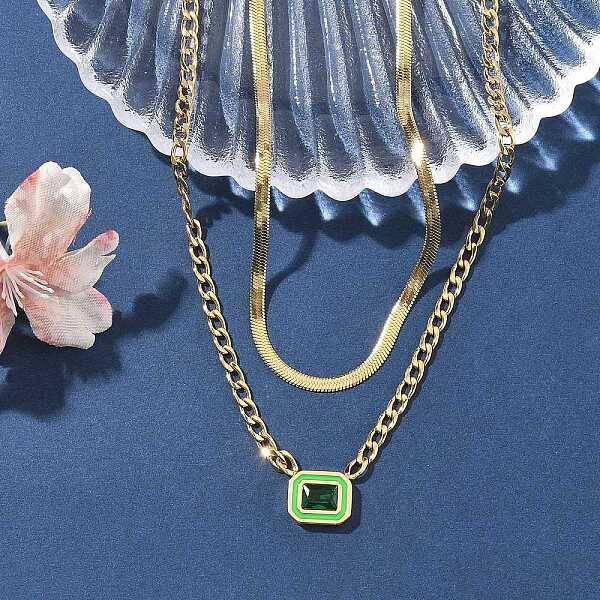304 Stainless Steel Rhinestone Rectangle Pendant Double Layer Necklaces for Women