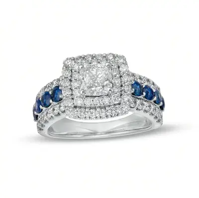 14K White Gold 2 CT.T.W. Cushion Lab Created Diamond & Sapphire Custom Engagement Ring D VVS1-VS1 IGI Certified