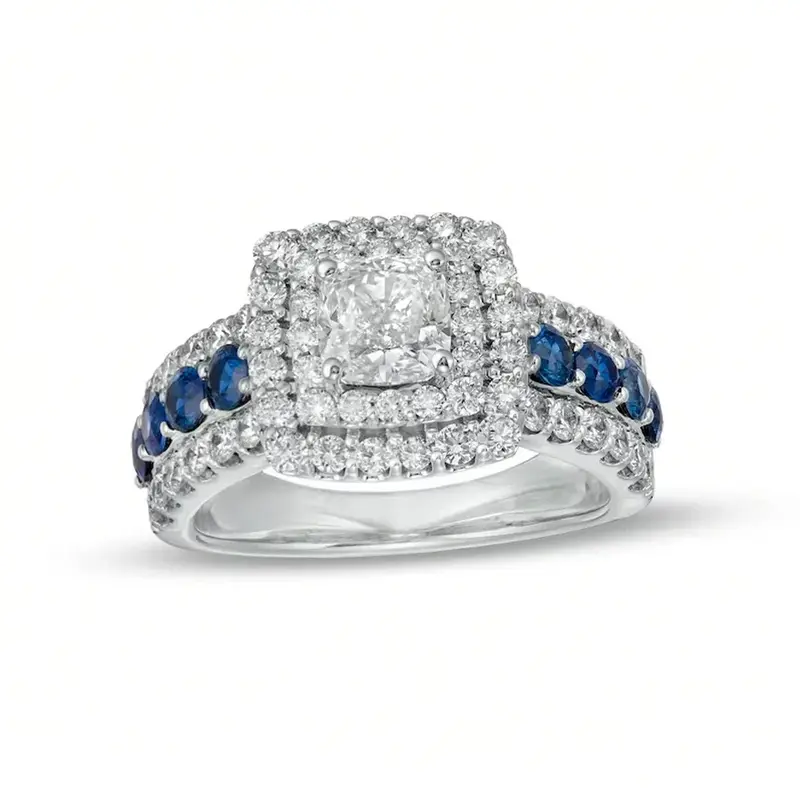 14K White Gold 2 CT.T.W. Cushion Lab Created Diamond & Sapphire Custom Engagement Ring D VVS1-VS1 IGI Certified