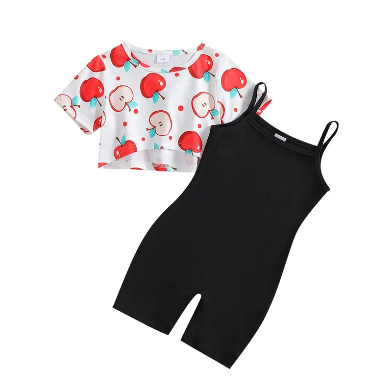 TikTok New Style Toddler Girls Summer Outfit Strawberry Print Short Sleeves T-Shirt and Shorts Jumpsuit Set Cute 2 Piece Clot...
