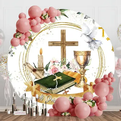 Holy Cross Book Dove Floral Round Baptism Backdrop - Aperturee