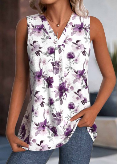 Modlily White Floral Print Sleeveless V Neck Tank Top - S