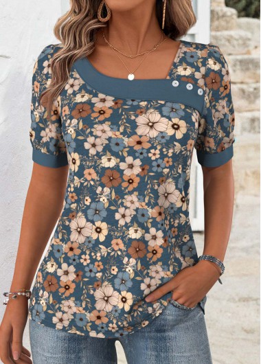 Modlily Multi Color Floral Print Short Sleeve T Shirt - XL